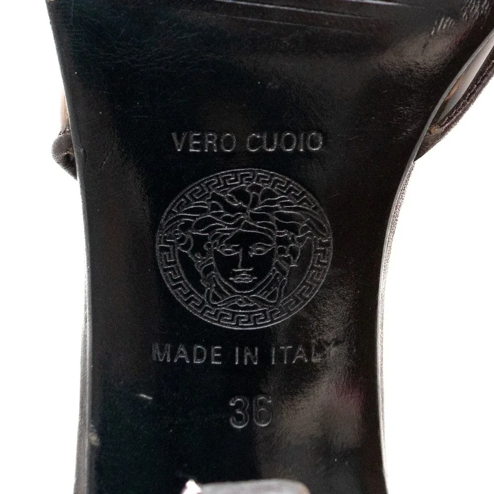 Gianni Versace Brown‎ Leather & PVC Peep-Toe Heels with Gold Medusa Logo Sz EU36